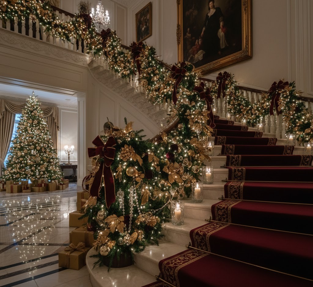 Grand staircase with opulent festive garlands