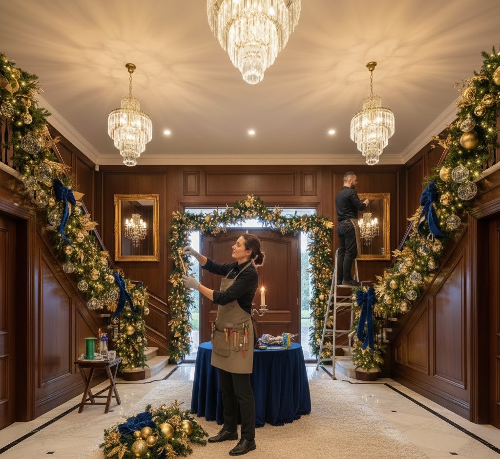 Professional decorator arranging luxury decorations